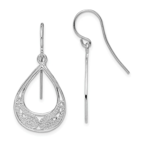 925 Sterling Silver Rhodium-plated Polished & Textured Teardrop Dangle Earrings 925 Sterling Silver Rhodium-plated Polished & Textured Teardrop Dangle Earrings